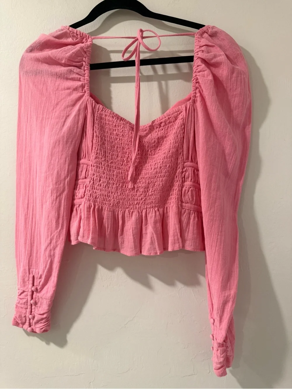 Free People Pink Smocked Peplum Long-Sleeve Top NWT